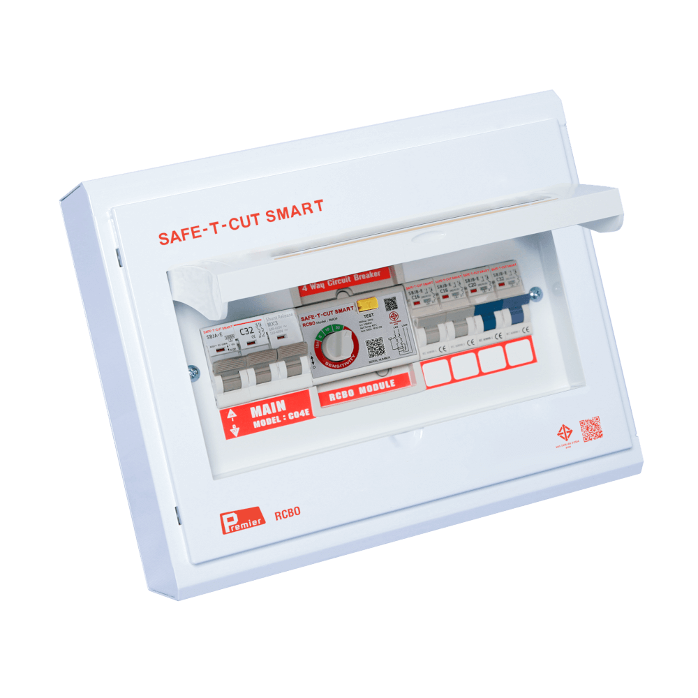 ชุดตู้คอนซูมเมอร์ 4 ช่อง เบรคเกอร์กันดูด 32 แอมป์ เซฟ-ที-คัท สมาร์ท รุ่น PREMIER RCBO